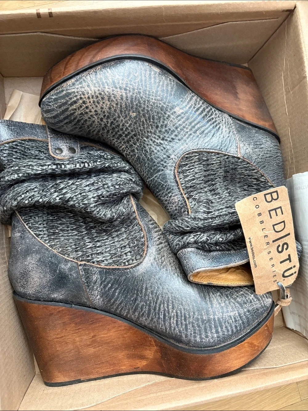Bed Stu Gray Leather Wedge Booties with Knit Detail
